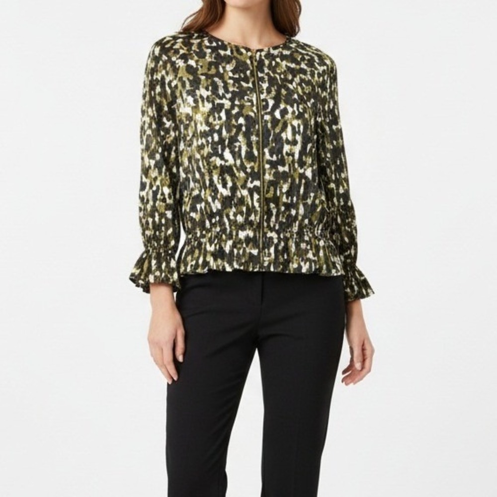 Marc New York Andrew Marc Olive Green Camo Animal Print Zip Front Peplum Top S‎